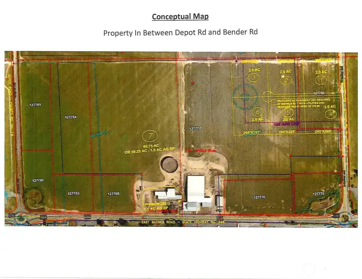 There are 9 parcels on this 78.52 acre tract of land.  With lot line adjustments the potential exists to develop and sell off 6 additional lots.  Currently the sellers are in the process of accomplishing an AG Short Plot that includes the house, outbuildings, commercial grade shop, and potential additional living space.  This map sketch is a concept of the potential development.