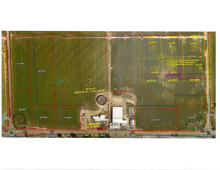 There are 9 parcels on this 78.52 acre tract of land.  With lot line adjustments the potential exists to develop and sell off 6 additional lots.  Currently the sellers are in the process of accomplishing an AG Short Plot that includes the house, outbuildings, commercial grade shop, and potential additional living space.  This map sketch is a concept of the potential development.