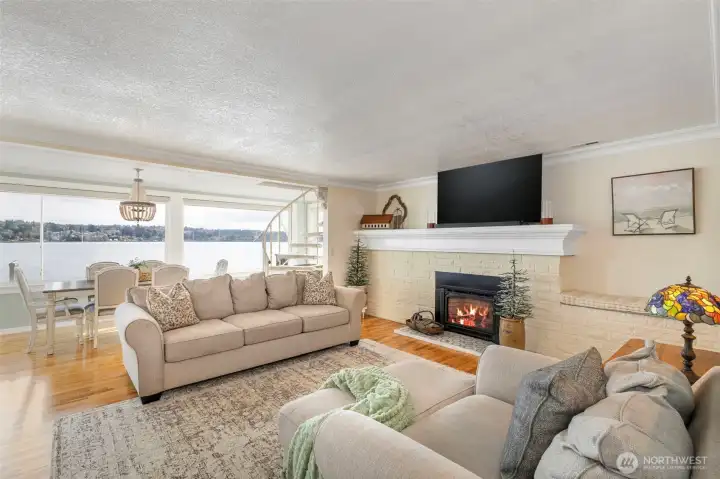 View of living room and gas fireplace