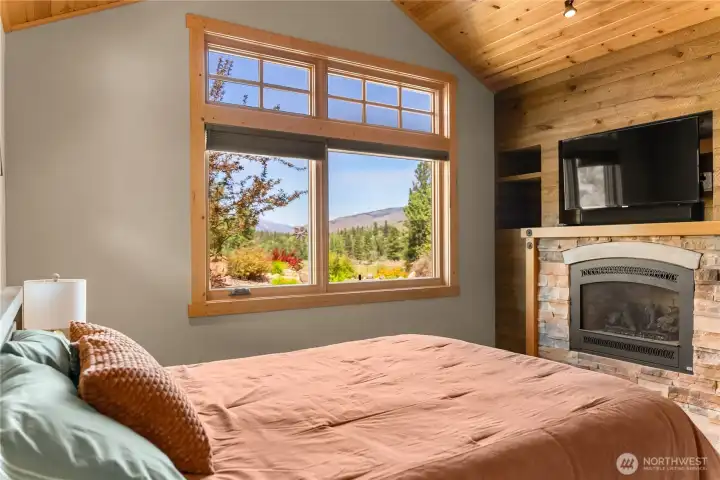 Propane fireplace, accent wall and vaulted ceilings delight in this sunny, spacious primary