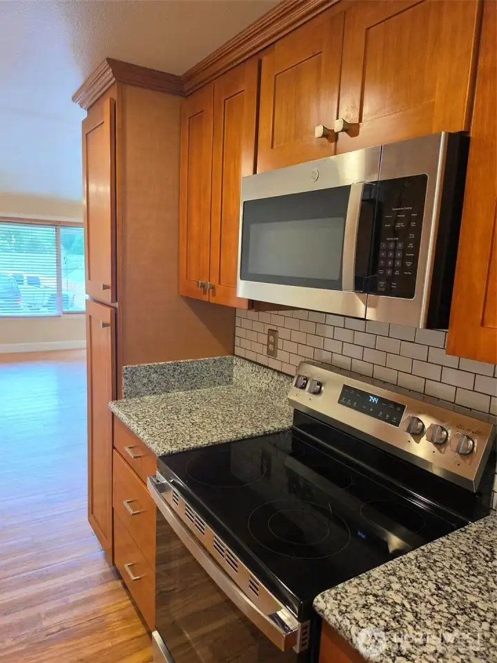 Kitchen looking toward front room and windows.  Note quality of the countertop and cabinets.