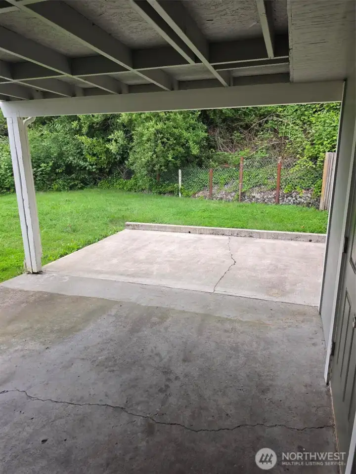 Looking out to back yard.  Note the flora and fauna that covers the bank for additional privacy.