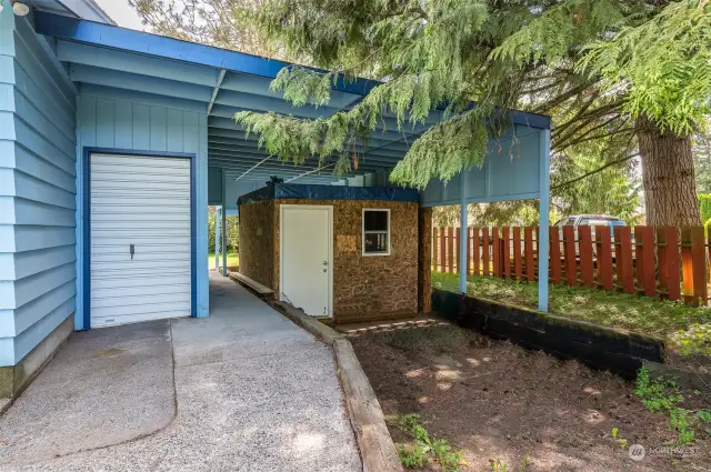 Separate storage room with roll-up door, large carport. Keep the shed for secured storage or remove for tons of covered parking.