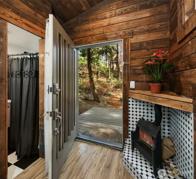 You can see the shower curtain to the left. This is the bathroom space.
