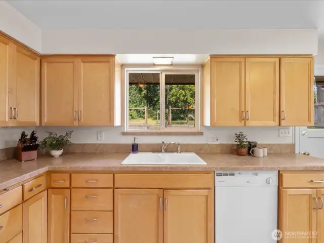 The window above the sink gives you a serene view of the backyard—ideal for watching the seasons change or keeping an eye on the kids or pets as they play.