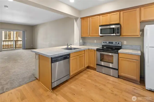 Kitchen with HW floors.