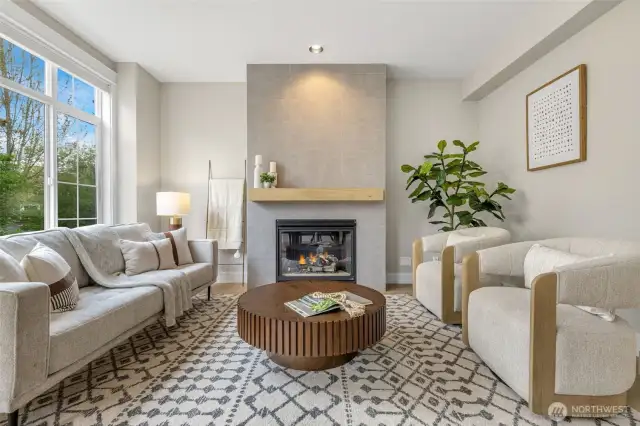 Modern with a Cozy Touch – Fireplace Features Floor-to-Ceiling Contemporary Tile Surround
