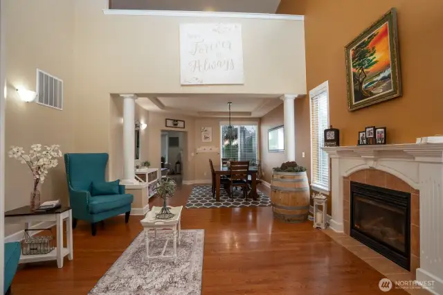 Walk inside to high ceilings and gas fireplace.
