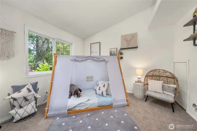 2nd bedroom on main level with vaulted ceilings.