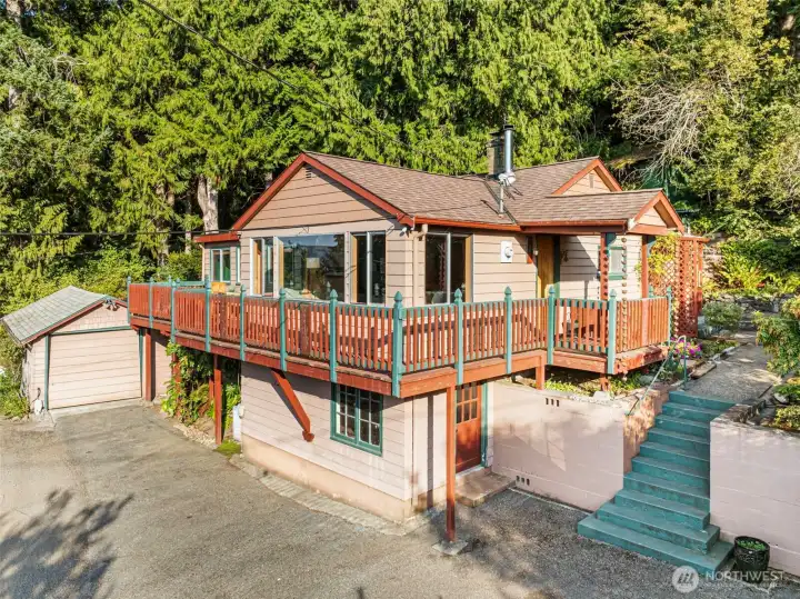 detached garage on the left