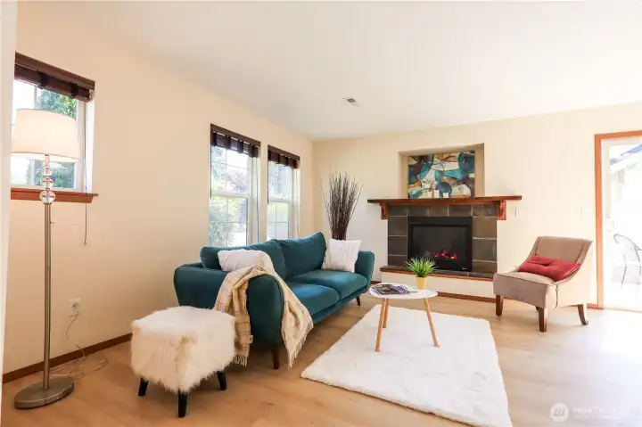 Spacious living room with a gas fireplace