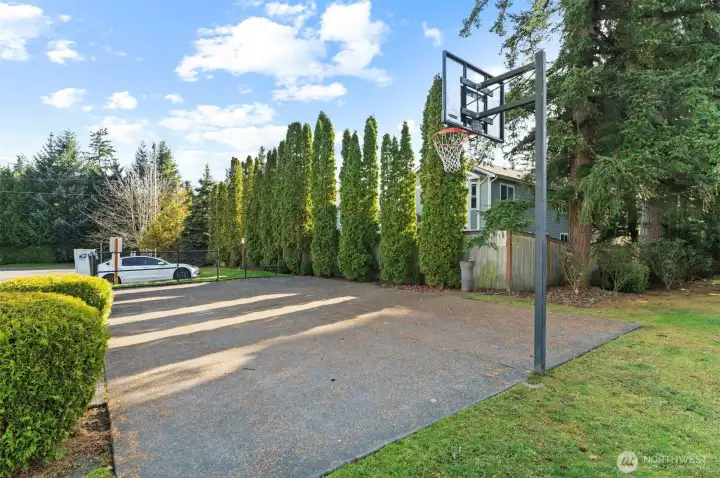 Neighborhood basketball court and open guest parking areas