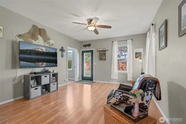 Home is mostly agreeable gray with some pops of white.