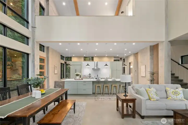 A view from the glass windows back to the kitchen area.