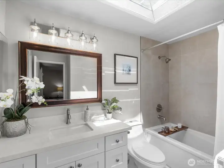 Newly remodeled primary bathroom with deep soaking tub