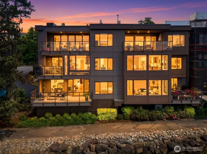 Lake-side view of the stunning Sunset Condominiums building Lake-side view of the stunning Sunset Condominiums building