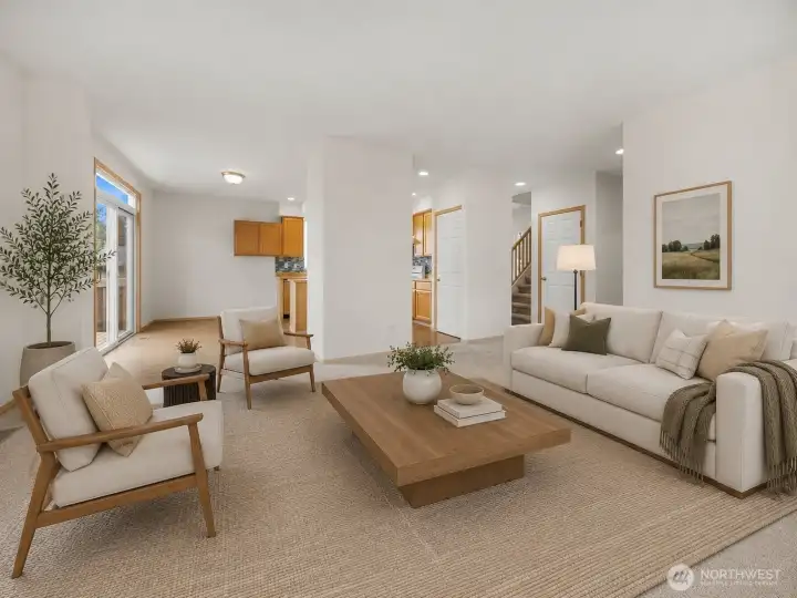 Virtually staged Living room looking toward kitchen