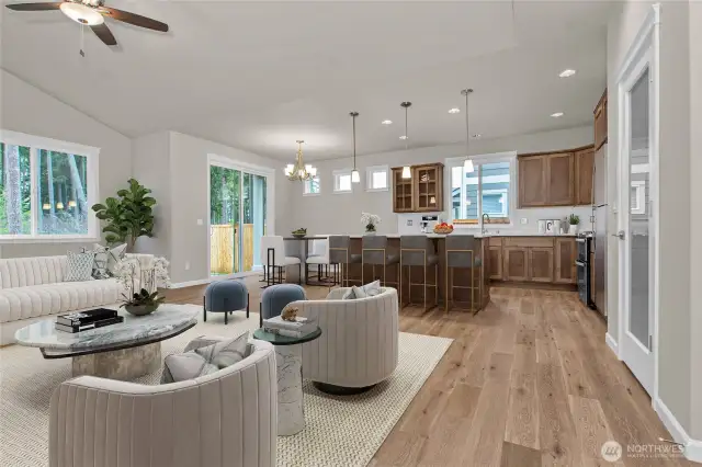 Virtually staged living-kitchen area.