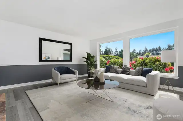 Windows open to lush landscaping