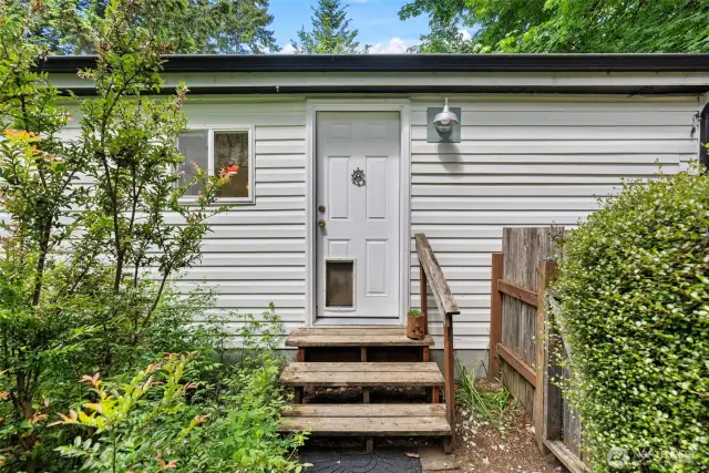 Back porch and pet door.