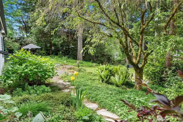 A pathway leads through the gardens to the front door.