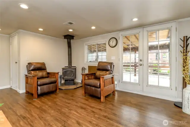 Wood burning stove with seating area