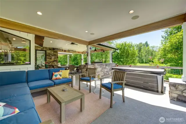 This area has casual seating and the hot tub.