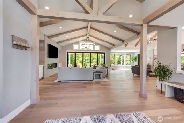 Picture from the front door. Extensive wood beams.