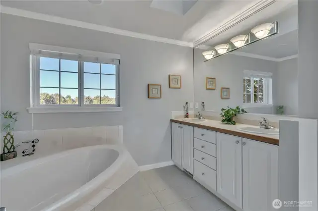 The spacious upstairs full bath, with dual sinks