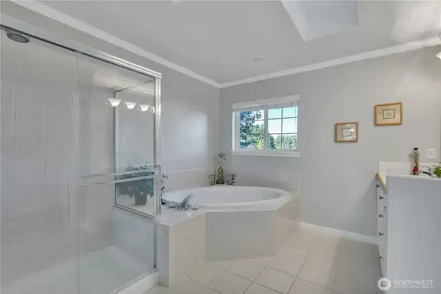 The five piece master bath, which is off the master, featuring a soaking tub.