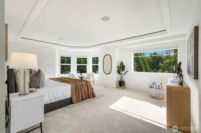 Generous Primary Suite, w/ Walls of Windows Looking Out Towards another Greenspace