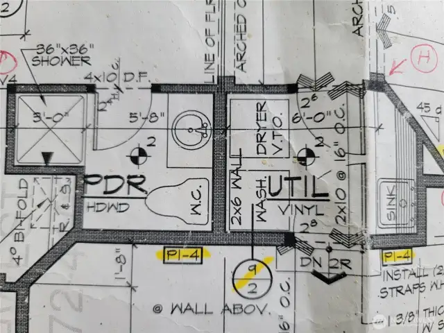 Original House Plans Showing Shower Included In Main Floor Powder Bathroom