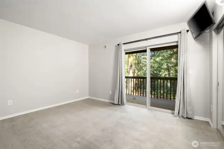 Main bedroom with large slider to deck.  Comes with mounted TV!