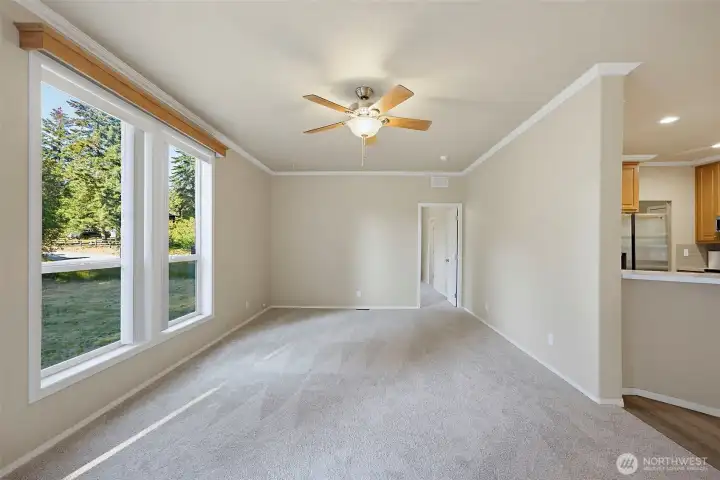 Large Living Area. All Window Treatments Stay. Crown Molding