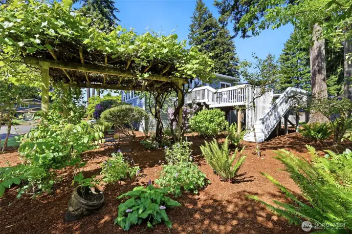 The grapevine-covered awning creates a charming shaded sitting area, perfect for escaping the summer heat and relaxing outdoors. Complete with a peaceful fountain, this park-like backyard truly brings a secret garden feel to life. The grapevine-covered awning creates a charming shaded sitting area, perfect for escaping the summer heat and relaxing outdoors. Complete with a peaceful fountain, this park-like backyard truly brings a secret garden feel to life.
