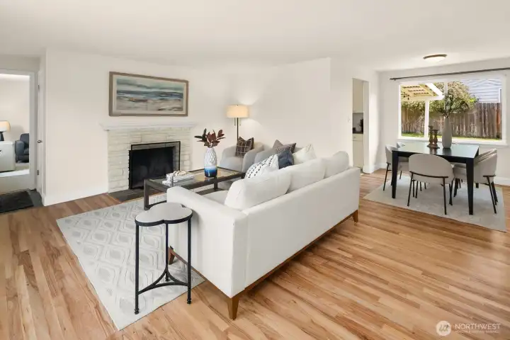 Spacious living room with dining area