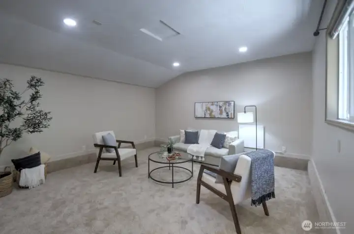 To the right of the front door is this spacious family room with vaulted ceilings, dedicated heat source, brand new carpets and large window for natural light.