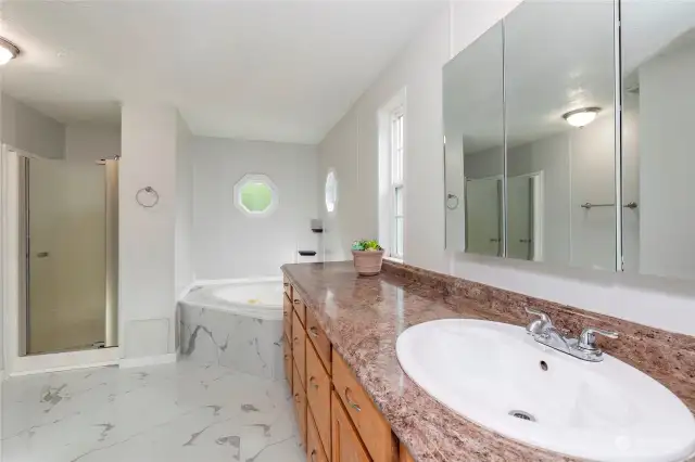 Ensuite features new flooring, plenty of storage, a soaking tub and this long vanity.