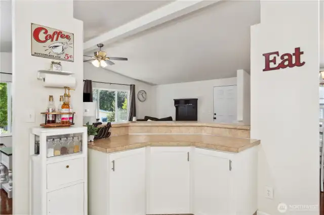 Looking at the front door/living room from the kitchen