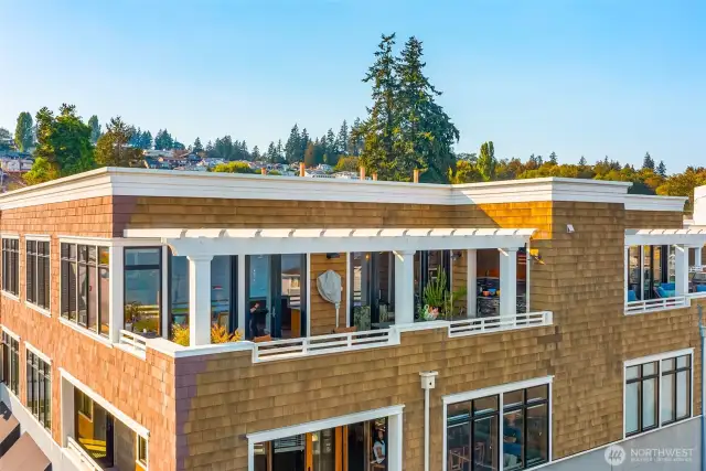 At-height view of balcony and into unit
