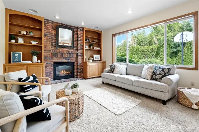 Cozy fireplace in family style living room