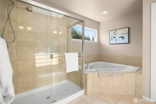 Spacious primary bath includes a soaking tub, walk in shower, water closet, and dual-sink vanity.
