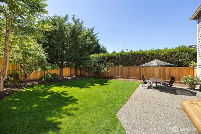 You'll be wowed by this vast back yard (with new sod!), which affords great privacy! To the west behind the fence is a driveway then very tall hedge, and the back/left of the yard is secluded by several mature trees.
