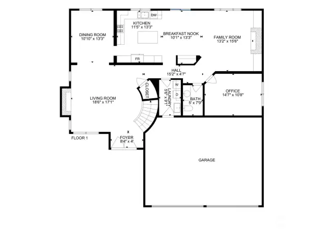 A look at the main level of the home; note, measurements may not be exact. (Back yard is at the top of the image, off the breakfast nook).