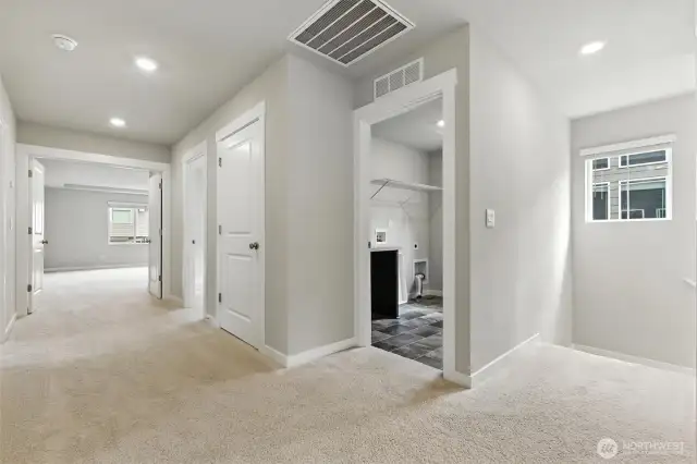 Spacious upper level hallway with access to Bonus Room, laundry and bedrooms.