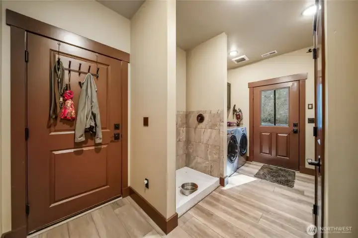 Convenient dog bath at backdoor mud/laudry room
