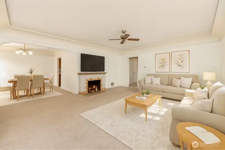 Virtually modified and staged to show what the same rooms would look like with new paint and flooring, furnished. This house is the perfect cosmetic fixer!