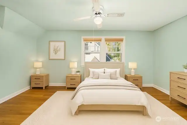 Virtually staged upstairs bedroom 1.