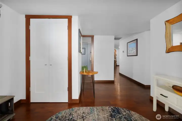 Entryway looking into home.  Engineered hardwood floors.