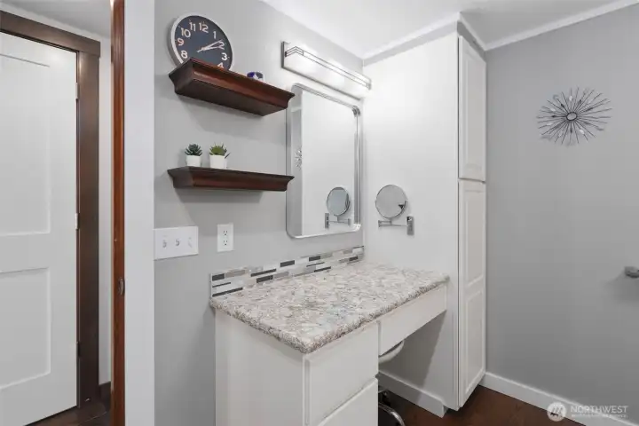 Primary bathroom with vanity area.
